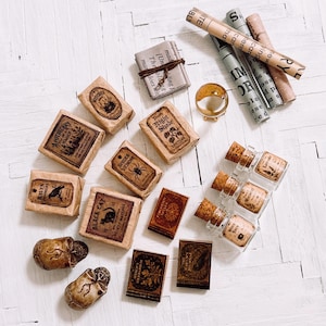 May include: A collection of miniature items including small rectangular boxes labeled with names like Black Cat and Spider Venom, tiny glass bottles with cork stoppers, rolled paper scrolls, two small skull figurines, and a small crystal sphere.