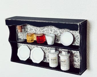 Mensola da parete in miniatura con motivo floreale nero, mobiletto per casa delle bambole in stile francese antico in scala 1:6, credenza da cucina shabby chic, mobile in miniatura fatto a mano