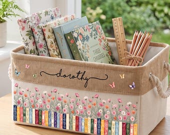 Personalized Birth Flower Book Basket, Custom Floral Book Storage Bin, Reading Organizer