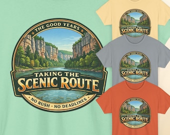 Taking the Scenic Route T-Shirt | Vintage Travel Badge, Mountain River Design