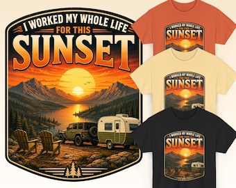 Sunset RV Camping Scene Tee | Retro Mountain Sunset, Camper Van, Lake