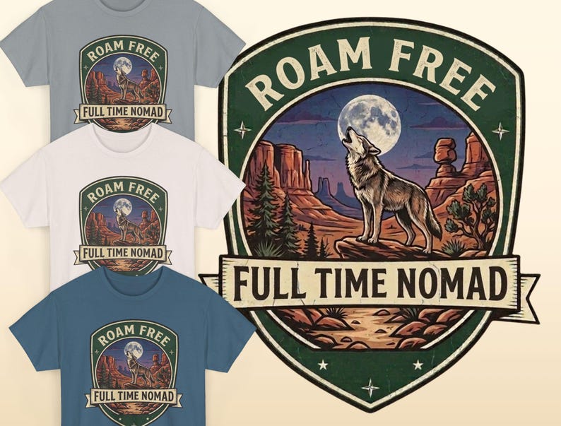 Roam Free Full Time Nomad T-Shirt | Adventure Desert Badge Tee image 1
