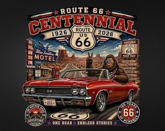 Bigfoot Route 66 Centennial T-Shirt 2026 | Vintage Style Road Trip Graphic Tee | Mother Road 100th Anniversary Gift for Him & Her | Retro