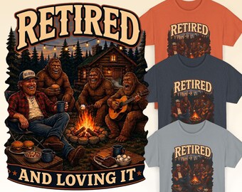 Retired and Loving It cabin campfire illustration Tee | fishing, outdoors, retirement humor