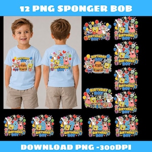 Op de afbeelding: Een collectie van 12 digitale PNG-bestanden met SpongeBob SquarePants-personages met verjaardagsthema's en de cijfers één tot en met negen. De afbeeldingen bevatten kleurrijke ballonnen, cadeaus en de tekst Birthday Boy op lichtblauwe T-shirts.