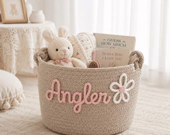 Personalized Cotton Rope Storage Basket, Custom Name Nursery Toy Bin, Baby Shower Gift