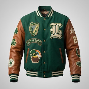 May include: A green wool-blend varsity jacket with brown leather sleeves, featuring a front button closure, striped ribbed cuffs, and various embroidered patches including a harp, a pot of gold, a rainbow, and the letter L on the chest.