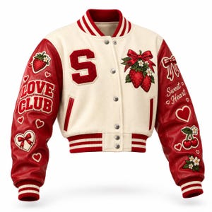 May include: A cream and red varsity jacket featuring a letter S on the chest, strawberry and bow embroidery, and text reading LOVE CLUB and Sweet Heart. The sleeves are red with various patches including hearts, cherries, and flowers, with striped ribbed trim.
