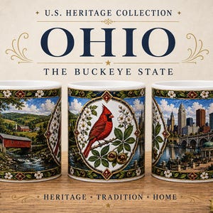 May include: Three white ceramic mugs featuring the U.S. Heritage Collection Ohio design. The mugs display a red cardinal, a covered bridge in a rural landscape, and a city skyline, all framed by decorative borders with white flowers and green leaves.