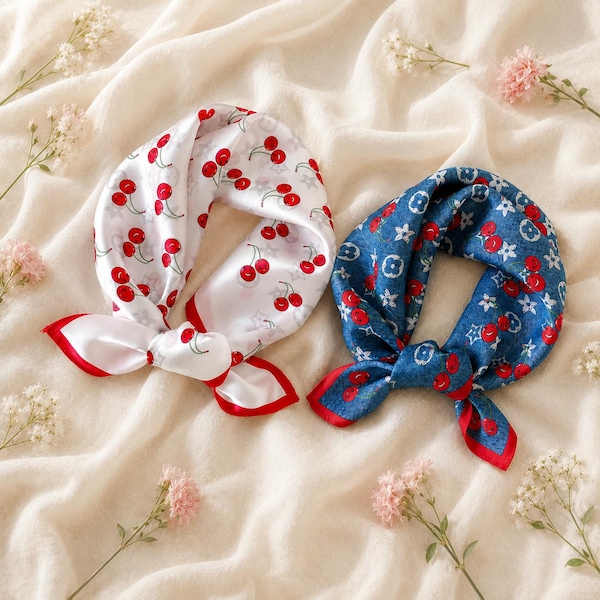 Pure 100% mulberry silk scarf, cherry print satin scarf, small 68X68 square neckerchief