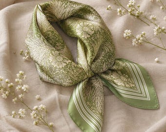 Pure 100% mulberry silk scarf, Silky Hair bandana, vintage turban head wrap, green square satin