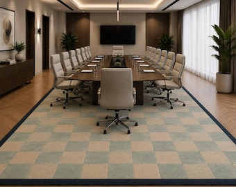 Light Blue Checkerboard Balcony Rug | Beige Navy Geometric Area Rug | Hand Tufted Wool Carpet