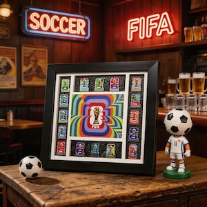Könnte beinhalten: Ein schwarz gerahmtes Display mit einer zentralen, farbenfrohen Grafik des FIFA-Logos und des Pokals, umgeben von zahlreichen kleinen rechteckigen Anstecknadeln mit dem FIFA-WM-Pokal, ergänzt durch einen Fußball und eine Spielerfigur.