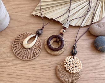 Boho Straw Necklace, Woven Wood Pendant, Long Adjustable Cord Necklace, Rustic Earthy Jewelry Gift