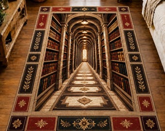 Library Hallway Rug, Crystal Velvet Vintage Bookshelf Area Rug, Non Slip Reading Room Rug