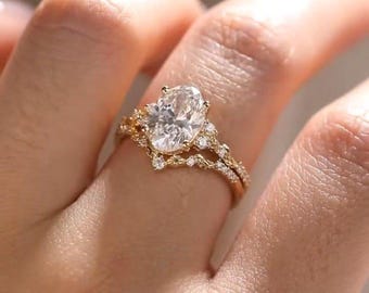 Oval Moissanite Engagement Ring Set, Vintage Leaf Wedding Band, 14K Solid Gold Bridal Set, Nature Inspired Promise Ring, Wedding Ring Set