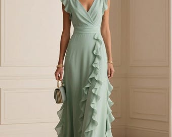 Maxi-jurk met ruches, bruiloftsgastjurk, formele jurk met V-hals, vloeiende avondjurk, vakantiejurk, galajurk