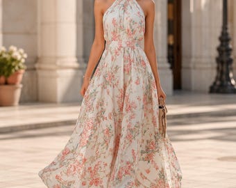 Robe longue fleurie en mousseline de soie pour femme, robe d'été sans manches dos nu, robe de vacances pour invité de mariage à la plage
