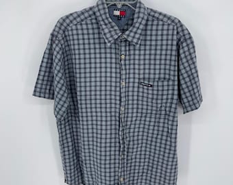 Tommy Jeans Vintage Men's Blue Plaid Short Sleeve Casual Button Up Shirt Size L