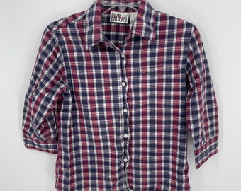 Bill Blass Women's Red Plaid Button Down 3/4 Sleeve Shirt Size Small