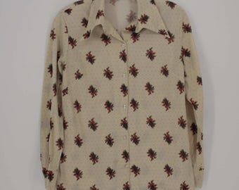 Women's Cream Floral Polka Dot Button Up Shirt Size M