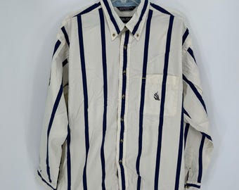 Nautica Vintage Men's Cream Blue Striped Button-Down Shirt Size XL