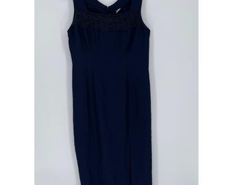 Vintage Women's Blue Lace Trim Sleeveless Sheath Dress Size L