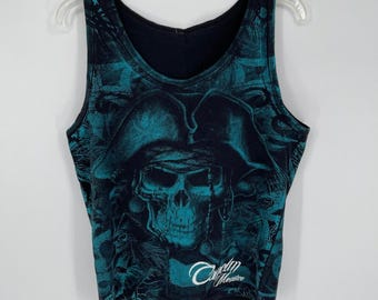Men's Y2K Teal Pirate Skull Cancun Mexico Graphic All Over Print Tank Top Size L