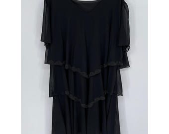 Vintage Women's Black Chiffon Tiered Micro-Stud Overlay Dress Size 2XL