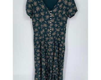 Decked Out Vintage Women's Green Floral Button Front Midi Dress Size M