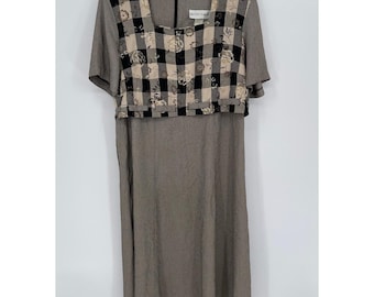 Betsy's Things Vintage Women's Brown Plaid Floral Mixed Print Midi Dress Size 14