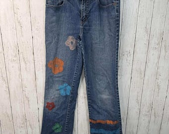 New York & Company Women's Y2K Denim Jeans with Floral Stripe Accents Size 10