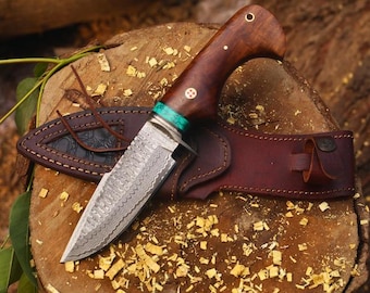 Handmade Damascus Steel Bowie Knife – Rosewood & Turquoise Handle Hunting Knife with Leather Sheath, Custom Gift for Him