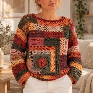 May include: A long-sleeve crochet sweater featuring a patchwork design of various square patterns in shades of olive green, burnt orange, mustard yellow, and deep red. The garment includes a prominent three-dimensional floral motif on the front.