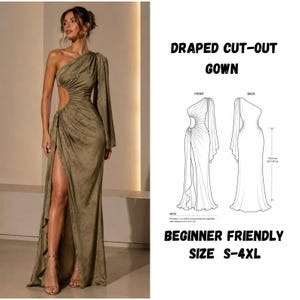Puede incluir: Un vestido largo de color verde oliva de un solo hombro con corpiño drapeado, abertura lateral y una abertura alta en la pierna. Incluye un dibujo técnico con el texto DRAPED CUT-OUT GOWN, una longitud de 135,0 cm y BEGINNER FRIENDLY SIZE S-4XL.