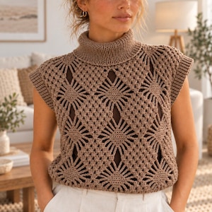 May include: A sleeveless, light brown crochet sweater vest featuring a high turtleneck collar and a repeating diamond-shaped pattern. The garment is constructed with an open-knit design, showcasing a sunburst motif within each diamond section.