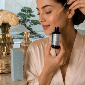 May include: A dark blue glass bottle of SkinCeuticals P-TIOX serum with a white label and a dropper cap, accompanied by a light blue rectangular cardboard box featuring the brand name and product text printed in white.