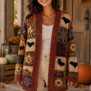May include: A long-sleeved crochet cardigan made of multicolored granny squares in shades of orange, brown, purple, and cream. The squares feature patterns of black bats, white spiderwebs, and floral motifs, finished with a dark orange border.