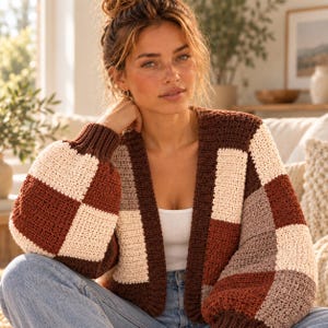 Häkelanleitung für eine farblich abgesetzte Strickjacke (PDF), Oversize-Boho-Pullover, Strickjacke mit Ballonärmeln, Häkeljacke für Damen, Sofort-Download