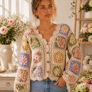 Patrón de ganchillo en PDF para cárdigan cuadrado floral estilo abuela, suéter patchwork, cárdigan boho a ganchillo, chaqueta floral vintage, descarga instantánea.