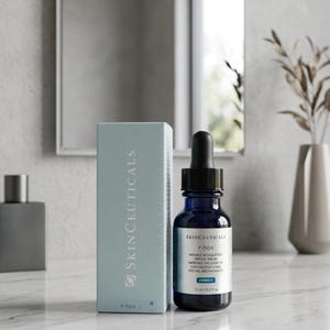 May include: A light blue rectangular cardboard box labeled SkinCeuticals P-TIOX next to a dark blue glass dropper bottle of P-TIOX wrinkle modulating peptide serum. The bottle label displays the text 15 ml / 0.5 fl oz and the word CORRECT.