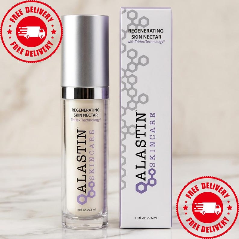 May include: A cylindrical bottle of Alastin Skincare Regenerating Skin Nectar with a silver cap and a matching rectangular box. Both items feature the brand name, product title, and the text 1.0 fl. oz. 29.6 ml printed on the white and purple packaging.