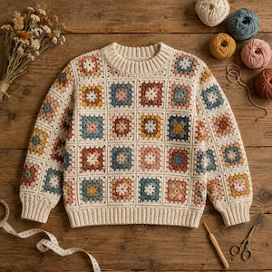 May include: A long-sleeve sweater constructed from cream-colored yarn, featuring a repeating pattern of multi-colored granny squares in shades of blue, yellow, brown, and pink. The garment has a ribbed crew neckline, cuffs, and a ribbed hem.