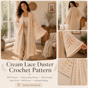 May include: A cream-colored lace duster featuring an open front, long bell sleeves, and intricate crochet detailing with scalloped edges. The garment is displayed in various views, showcasing the full length, back, and close-up textures of the lace.