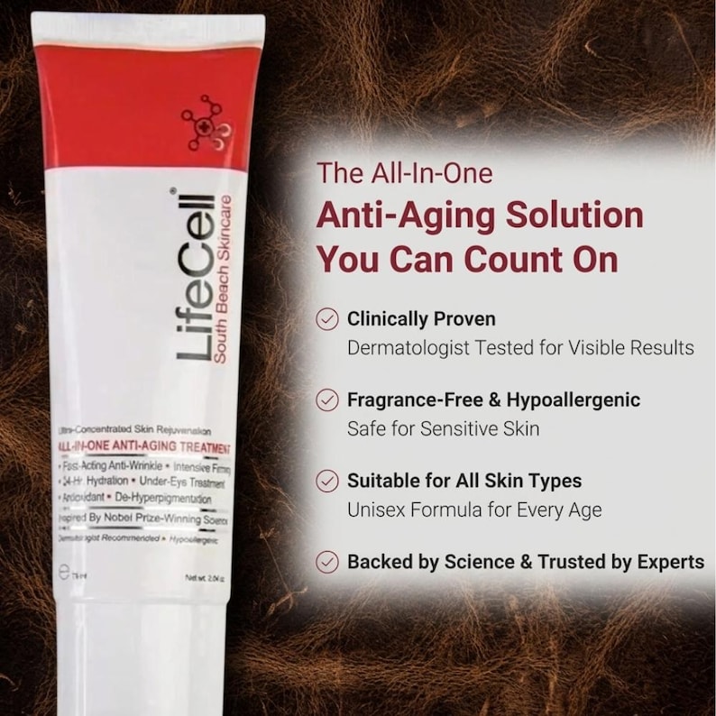 May include: A white and red tube of LifeCell South Beach Skincare anti-aging treatment. The packaging features the text The All-In-One Anti-Aging Solution You Can Count On, Clinically Proven, Fragrance-Free & Hypoallergenic, and 75ml net volume.