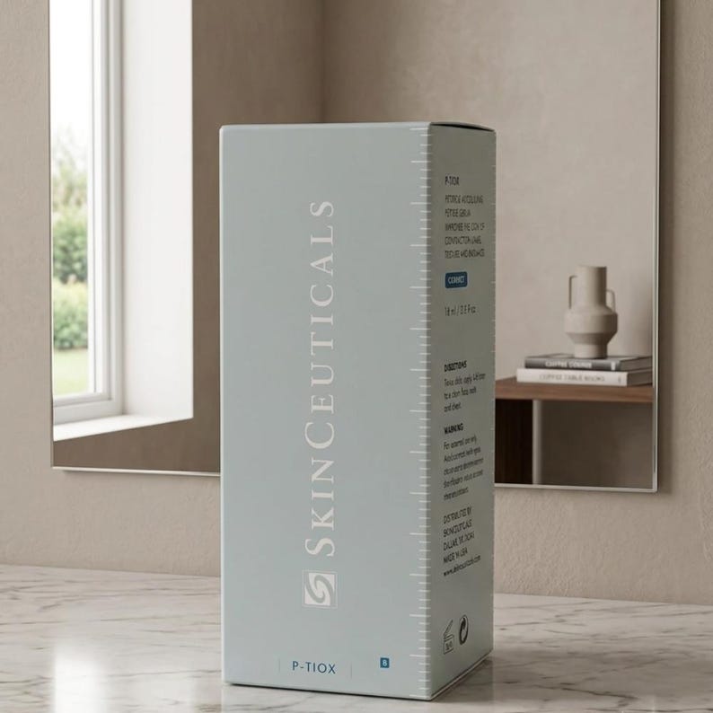 May include: A rectangular light blue skincare product box labeled SkinCeuticals P-TIOX. The front features vertical text, while the side panel displays product information, directions, and warnings, including the volume of 1.6 fl. oz. / 48 ml.