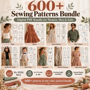 Pacote com mais de 600 moldes de costura em PDF | Roupas femininas, masculinas e infantis | A4, Carta (EUA) e A0