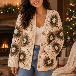 May include: A long-sleeve crochet cardigan featuring a granny square pattern in cream, olive green, and brown. The garment has a V-neckline, a front button closure with four brown buttons, and ribbed cuffs. The crochet squares display a floral motif.