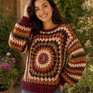 Peut inclure: Un pull en crochet à manches longues présentant un motif mandala circulaire au centre, se transformant en un motif carré. Le vêtement est réalisé avec du fil dans des tons bordeaux, jaune moutarde, vert olive et crème, avec des poignets côtelés.
