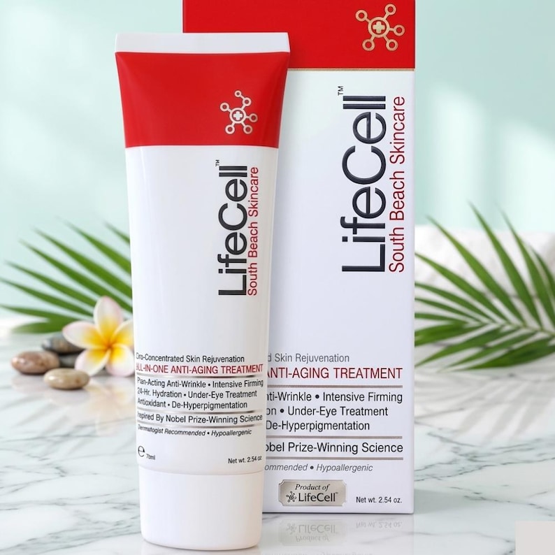 May include: A white and red tube of LifeCell South Beach Skincare All-In-One Anti-Aging Treatment next to its matching tall rectangular box. The packaging features black text, a molecular icon, and states a net weight of 70ml.